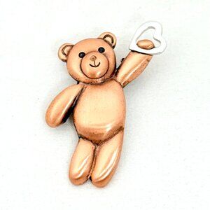 Teddybear Pin/Brooch Copper Tone with Open Silver Tone Heart
